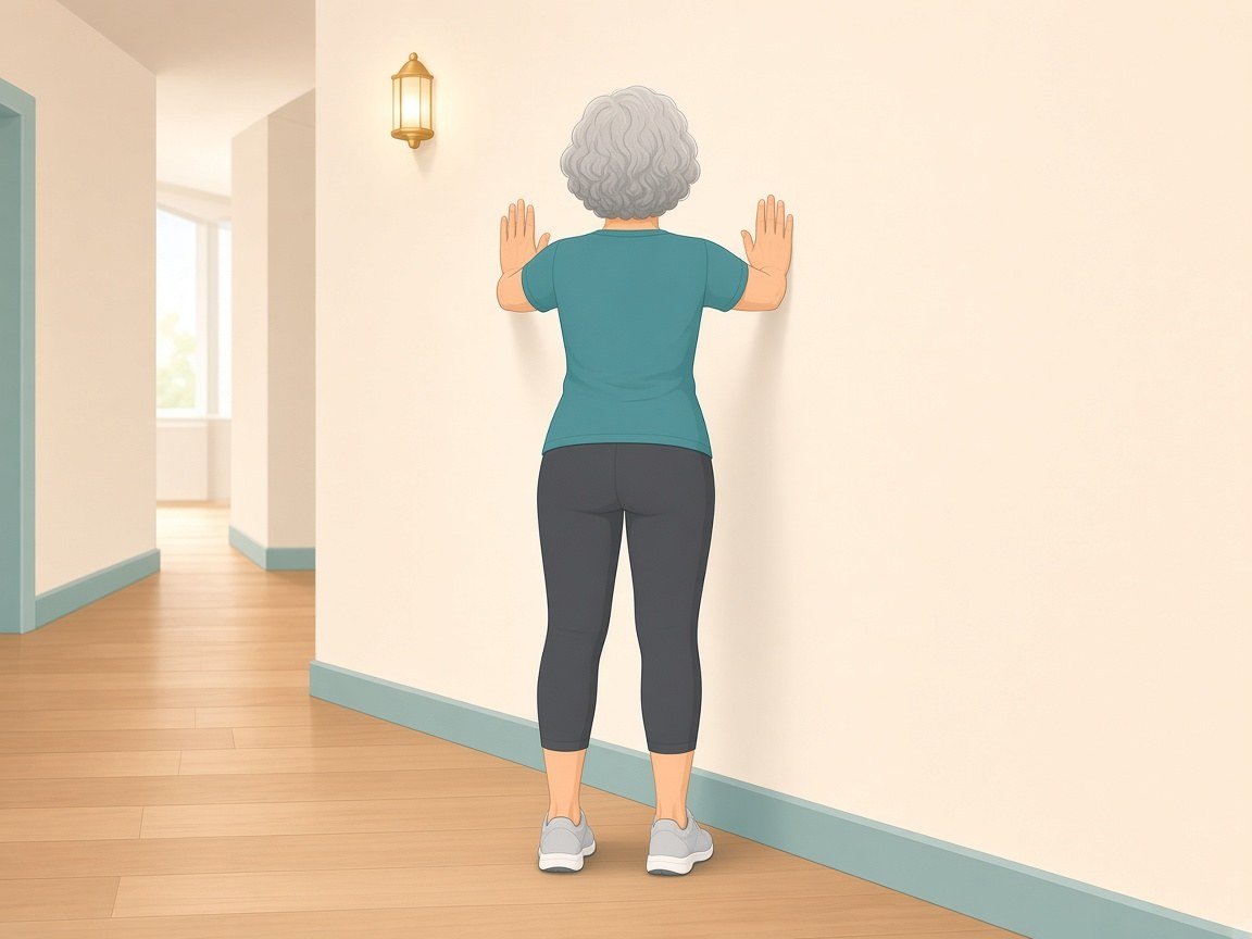 Illustration of an older woman standing close to a wall with palms flat at chest height, ready for a controlled wall push-up