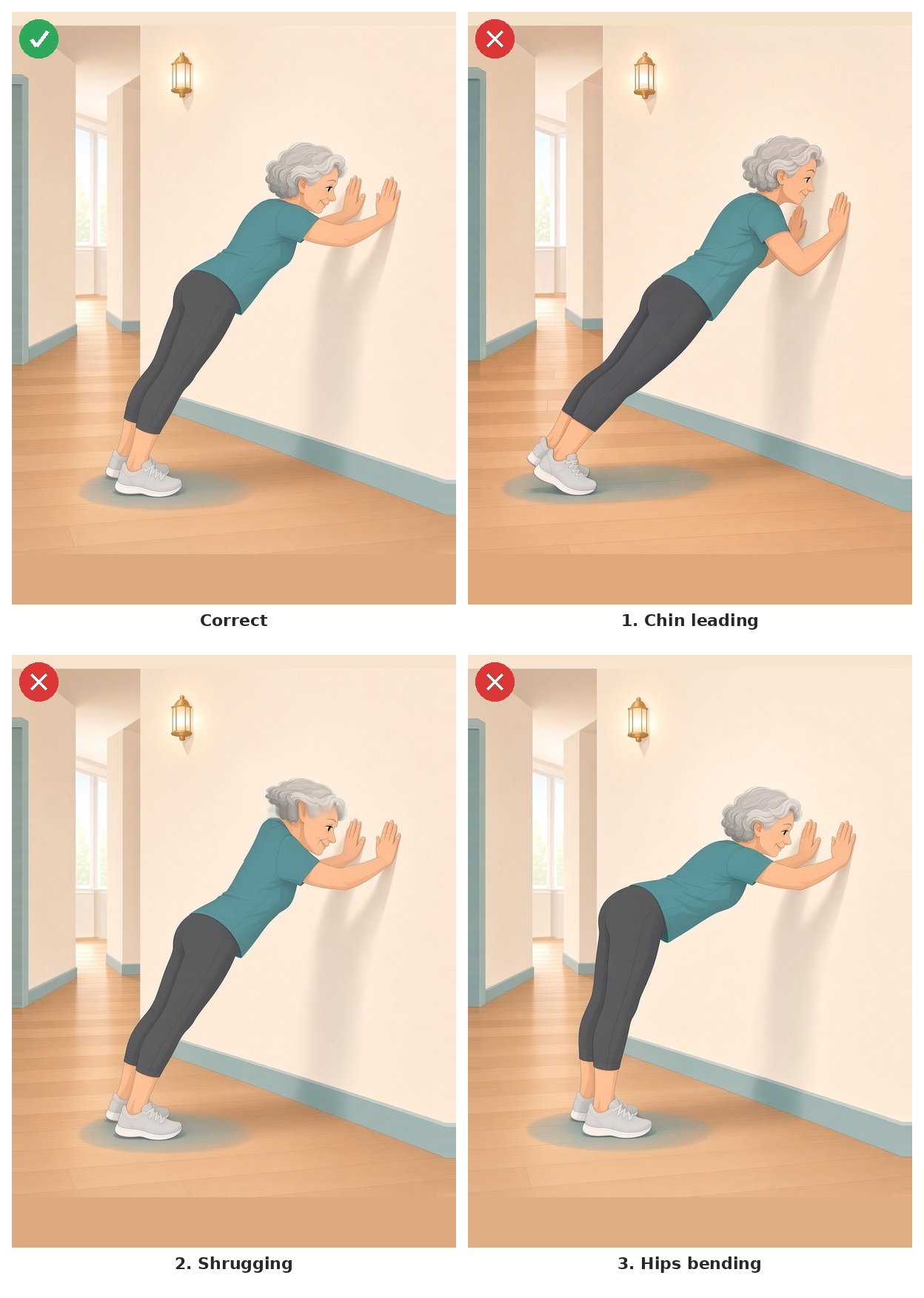 Four-panel illustration showing correct wall push-up form and three common mistakes: chin leading, shrugging shoulders, and bending at the hips