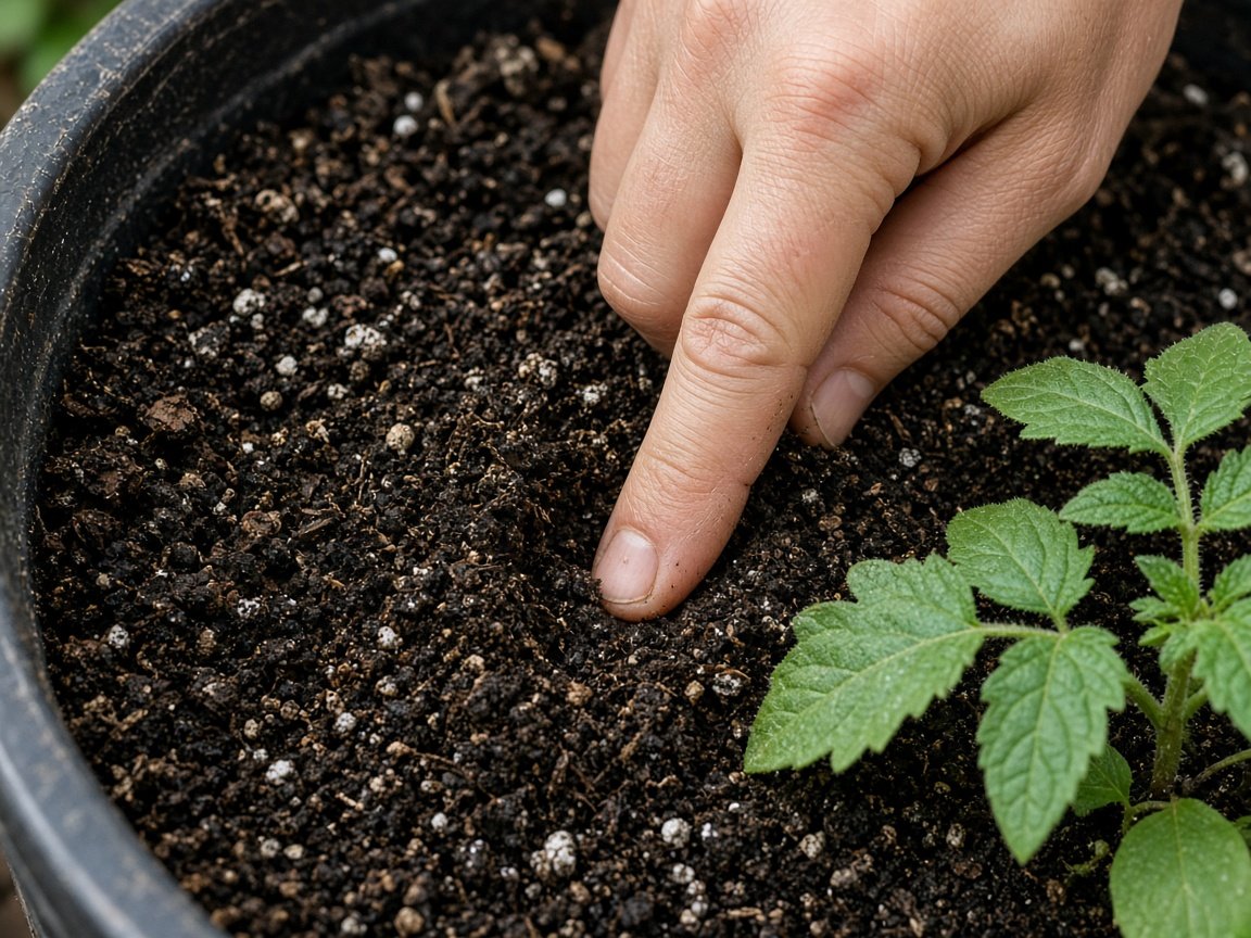 Checking if a container plant needs water with the finger test