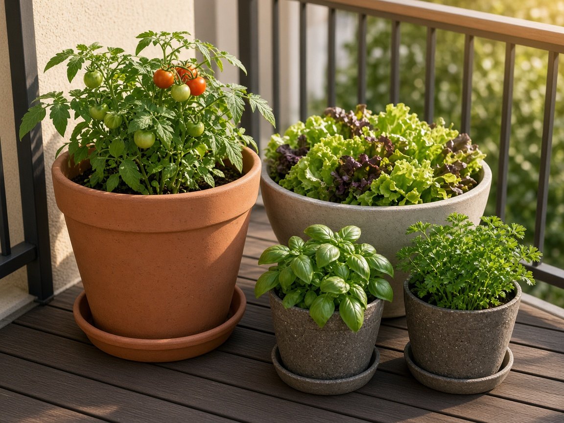 Beginner's four-pot container food garden with tomato, lettuce, basil and parsley