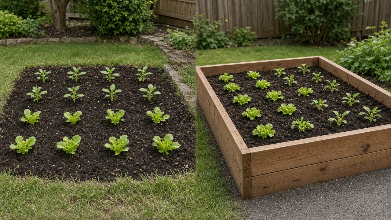 In-ground garden plot compared with a raised garden bed