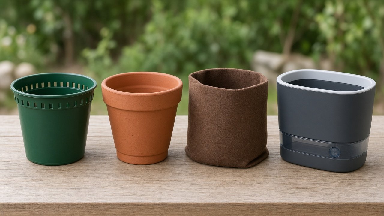 Four types of vegetable containers for beginners: plastic pot, terracotta pot, fabric grow bag and self-watering planter