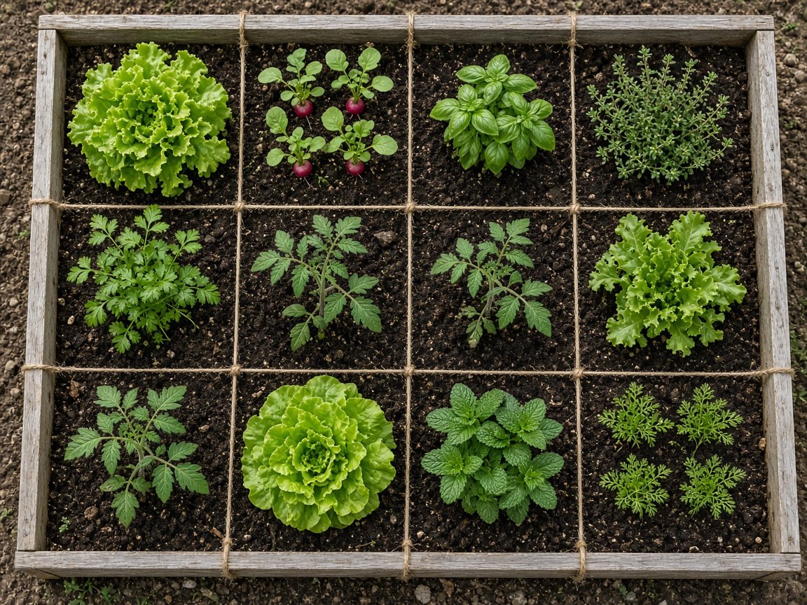 Square foot grid layout in a small vegetable bed