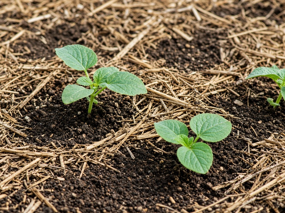 Straw mulch around vegetable seedlings in a small garden